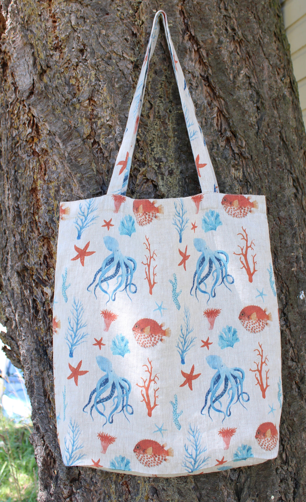 Linen Tote Bag Octopus & Hedgehog Fish