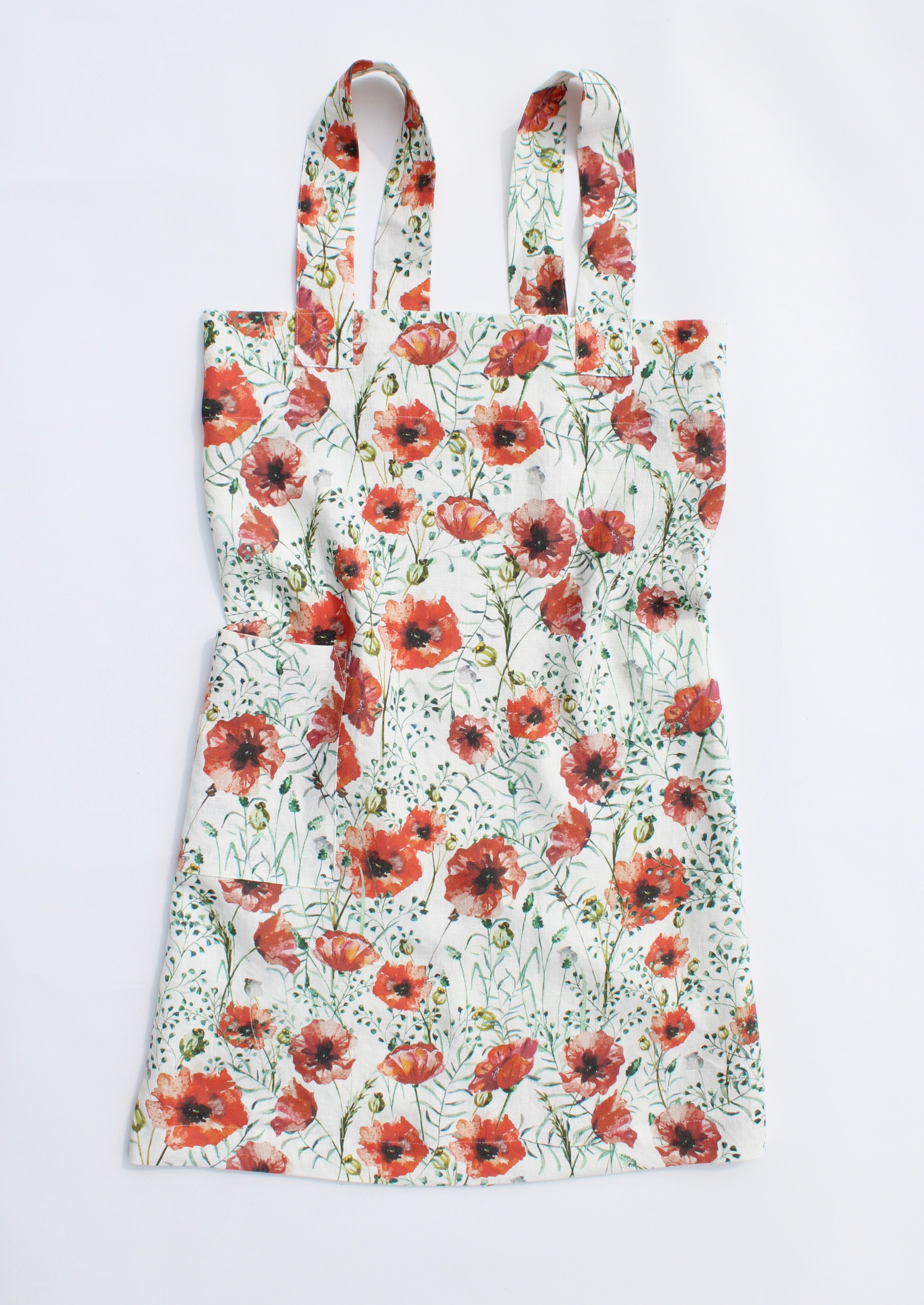 Linen cross back apron Watercolor Red Poppies