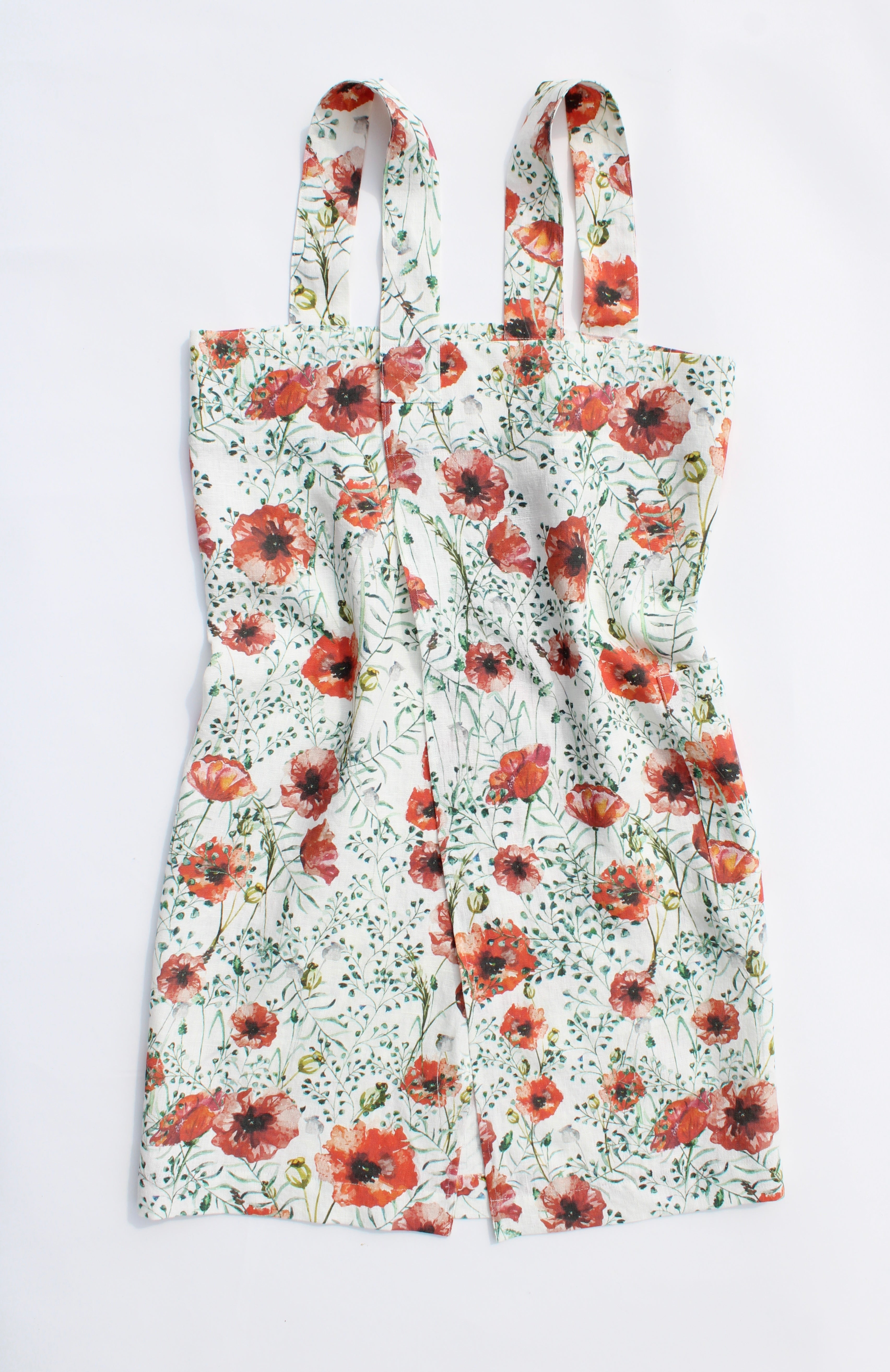 Linen cross back apron Watercolor Red Poppies